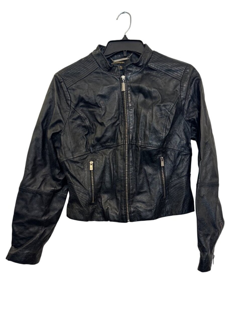 Rocawear Womens Black Leather Moto Jacket With Zippered Pockets Size L